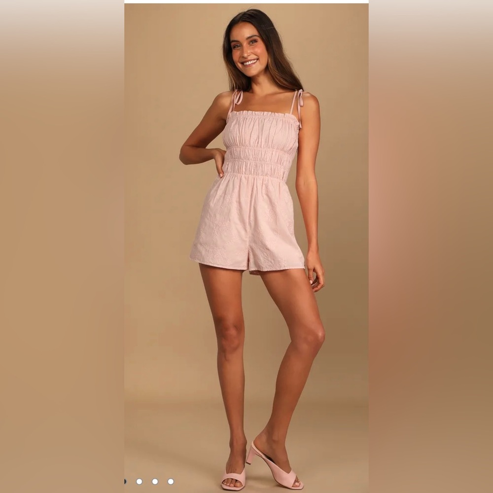 Those Sweet Days Light Pink Floral Embroidered Tie-Strap Romper from Lulus